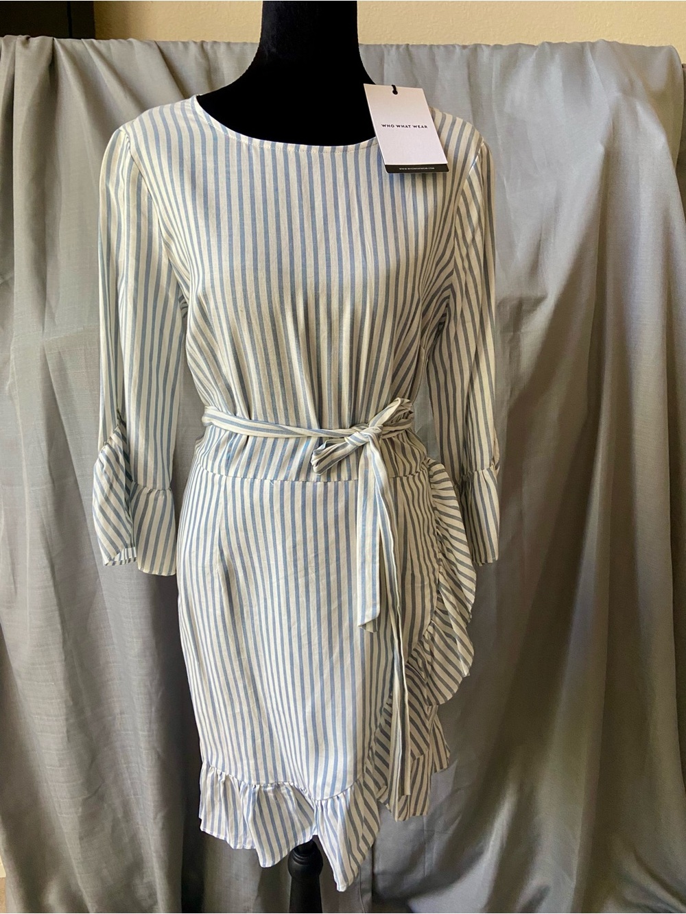 Who What Wear Blue and White Striped Midi Dress with Tie Waist